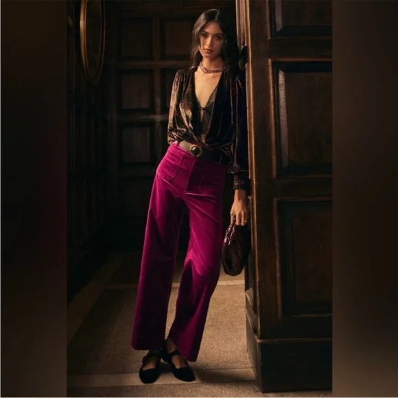 Maeve Velvet Wide-Leg Pants in Deep Purple - Picture 2 of 10